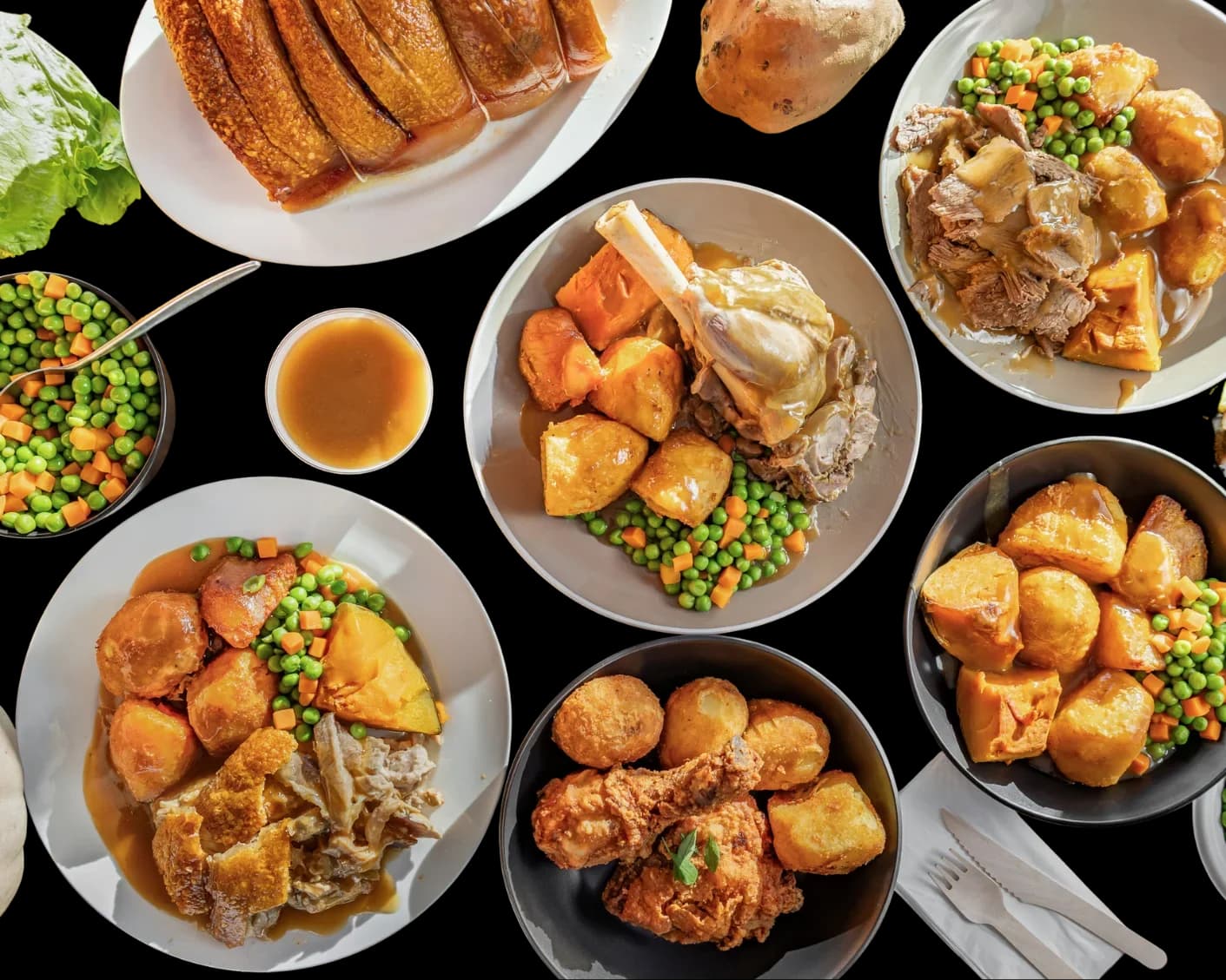 Kaiapoi Roast meals from above: roast pork, lamb shank, beef, chicken, crispy chicken, peas and gravy